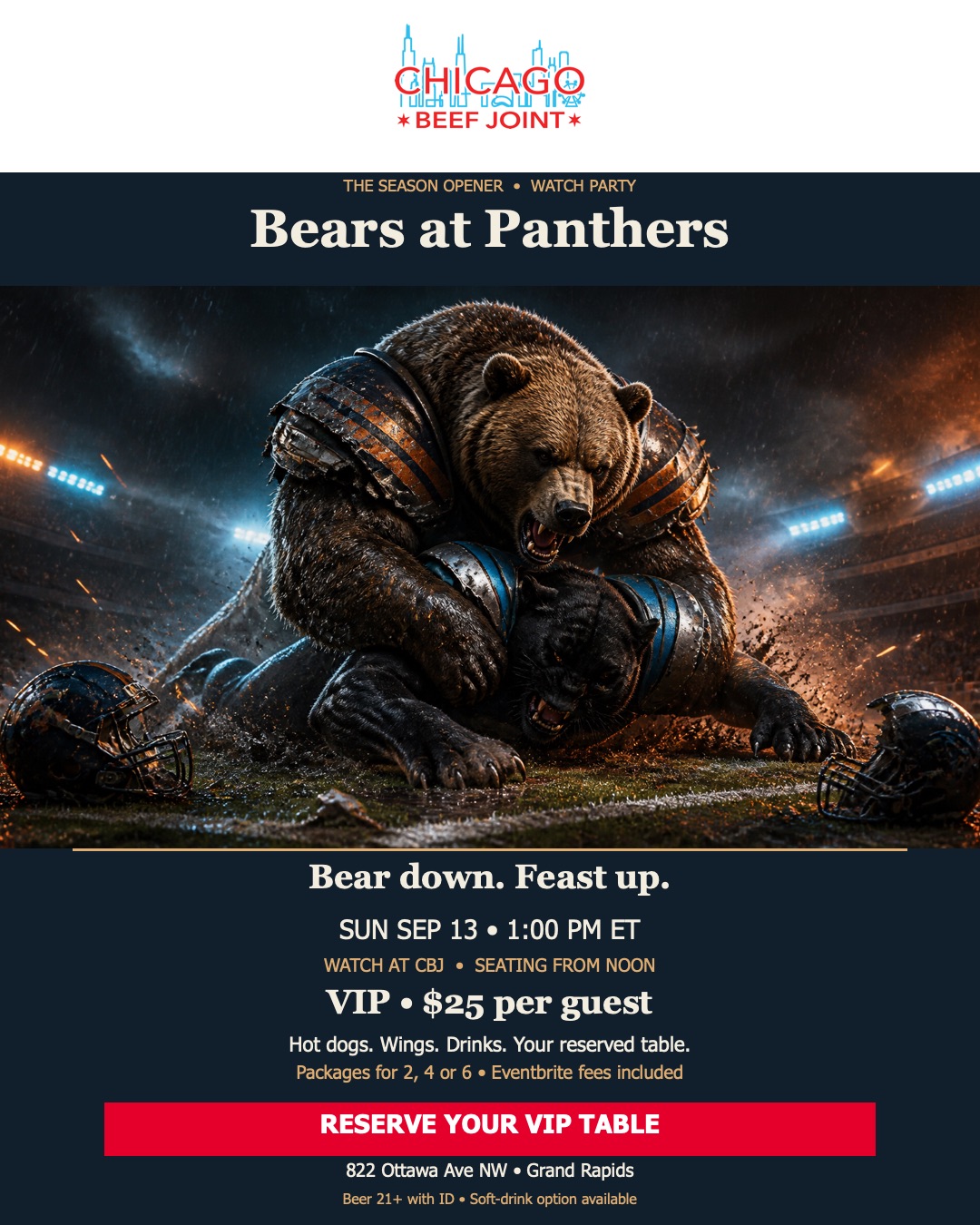 Chicago Beef Joint watch-party campaign design with cinematic bear and panther illustration.
