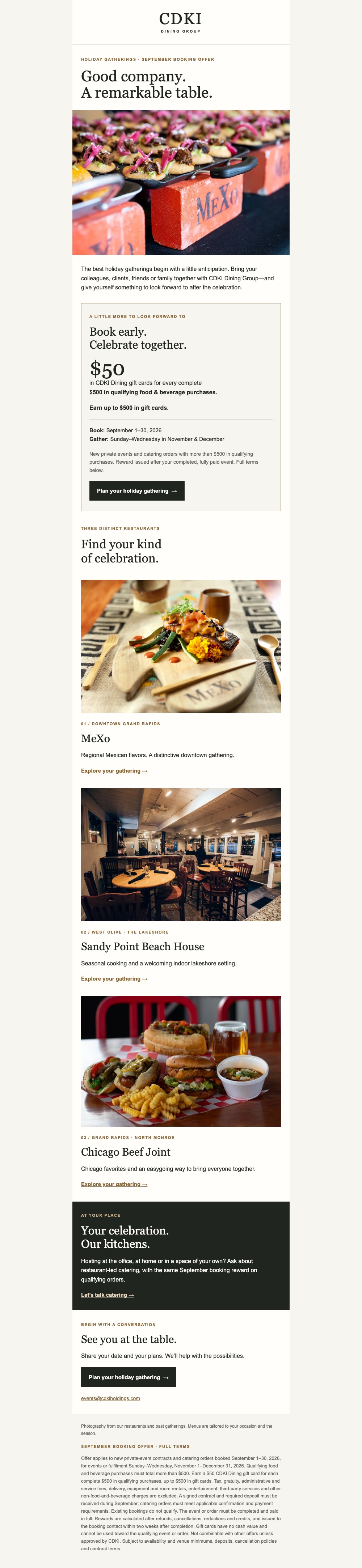CDKI Dining holiday email design introducing three restaurants with food photography.