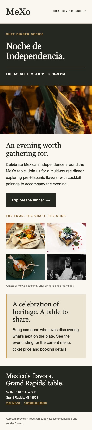 MeXo chef dinner email layout combining cultural imagery, food photography and a dinner invitation.