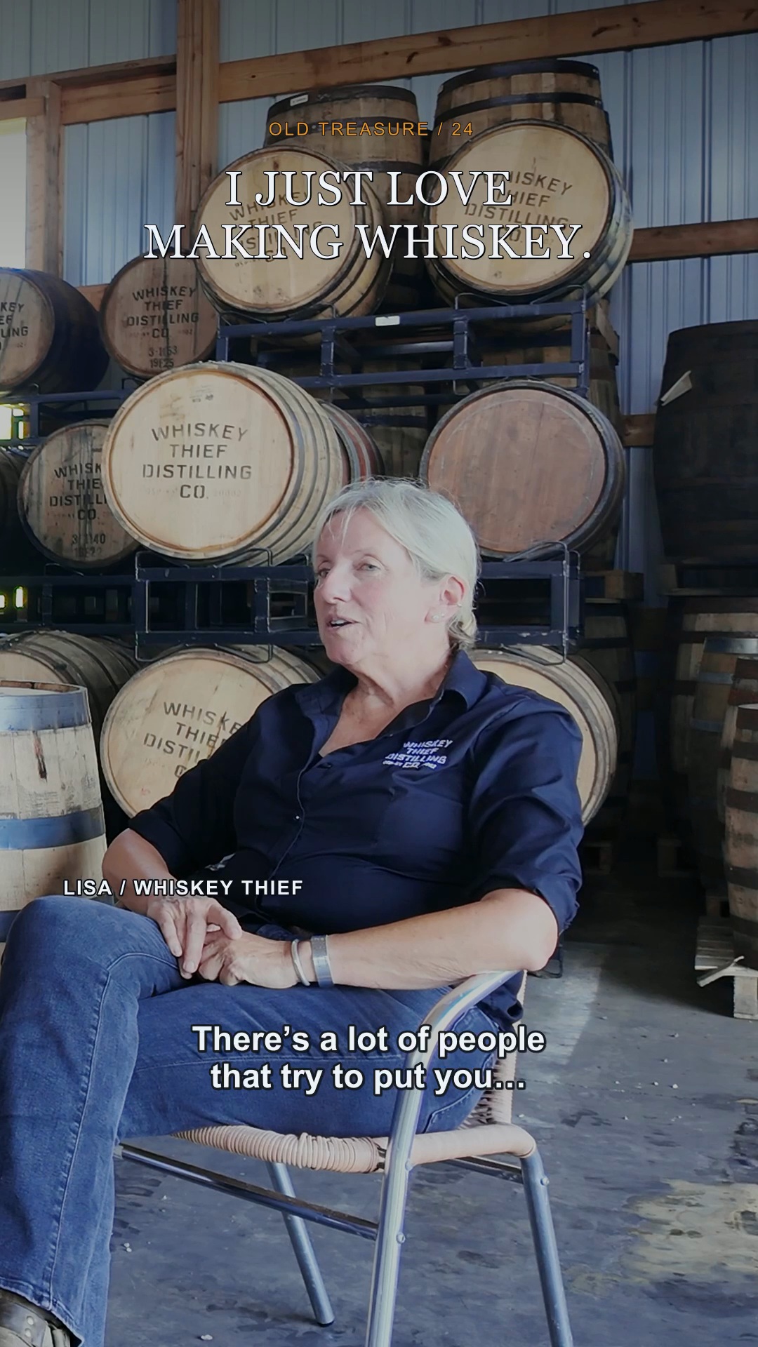 Old Treasure film cover showing Lisa at Whiskey Thief with I just love making whiskey title.