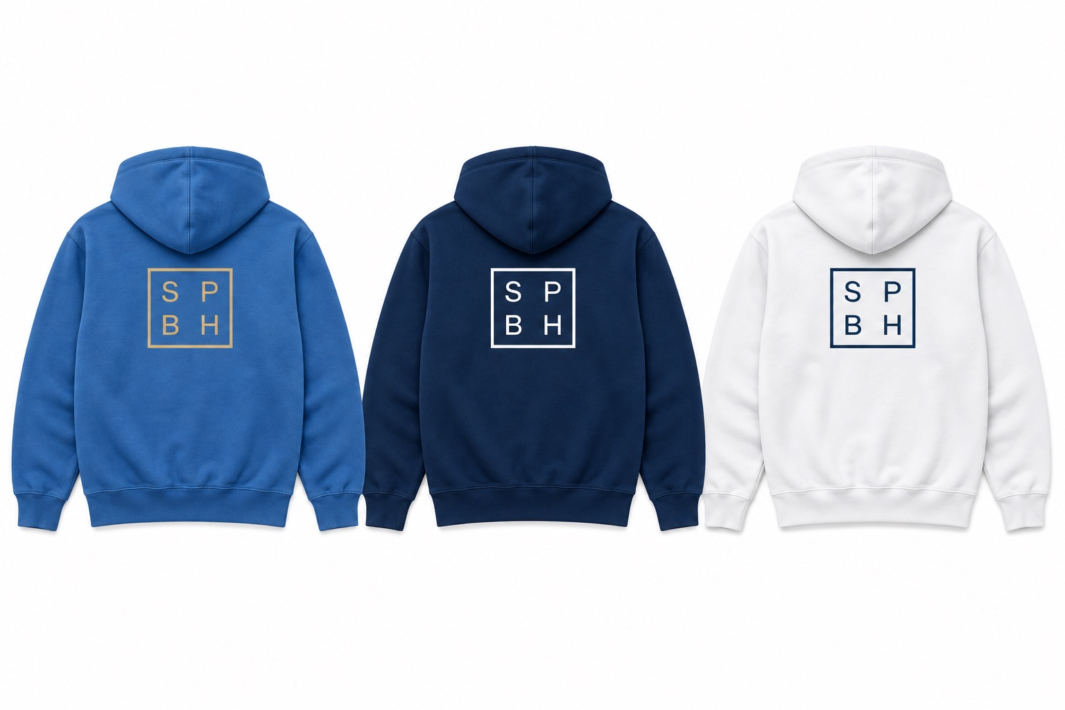 Sandy Point merchandise concept showing blue, navy and white hoodies with the SPBH mark.