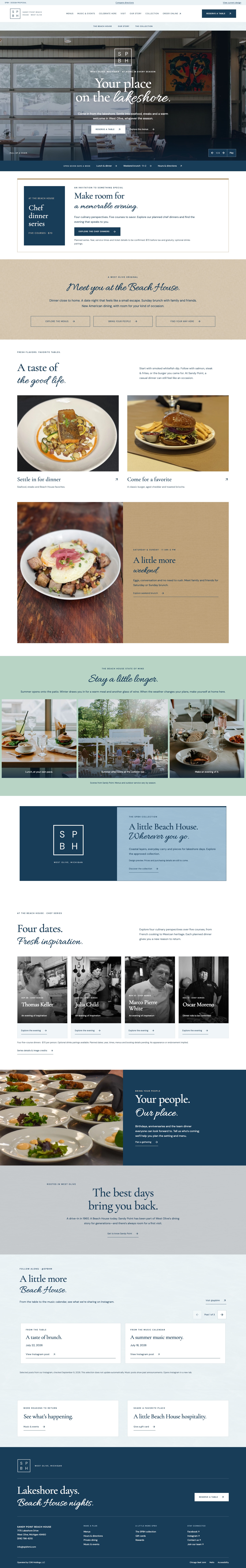 Sandy Point website design review with coastal colors, restaurant photography and hospitality sections.